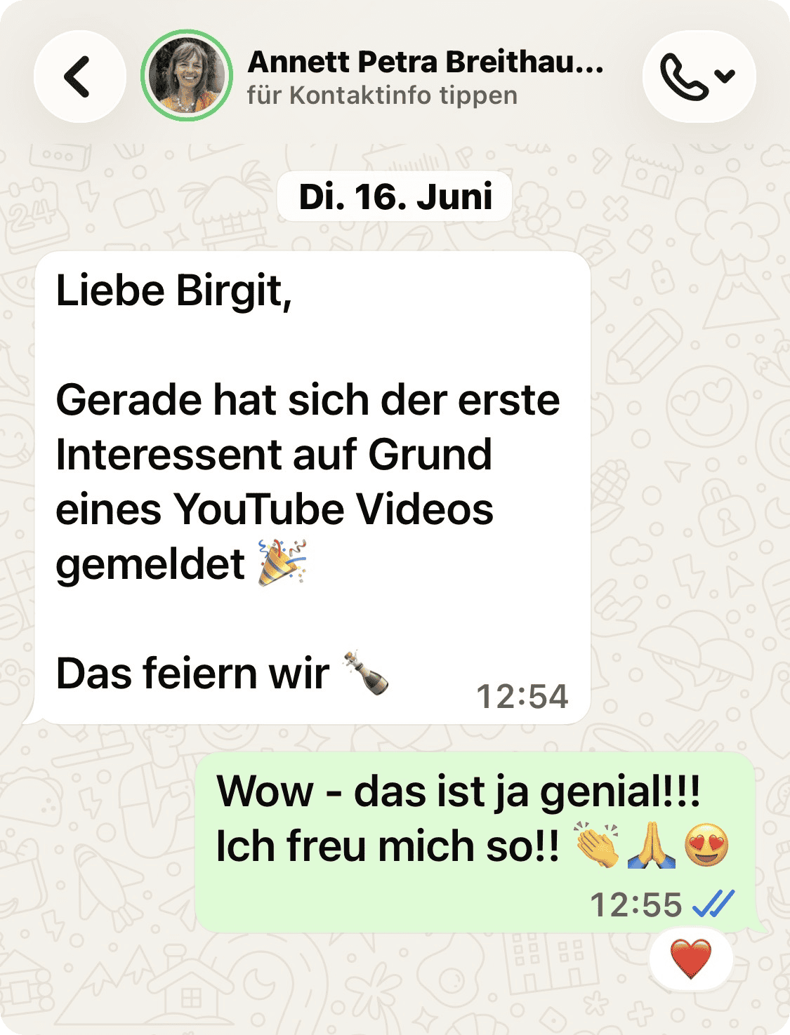 WhatsApp-Nachricht von Annett: erste Anfrage &uuml;ber ein YouTube-Video