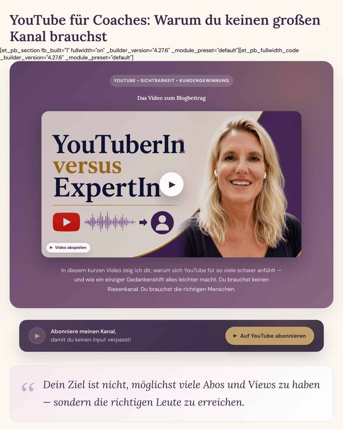 Beispiel: fertiger Blogbeitrag „YouTube für Coaches“ mit Video, Zitat und Text