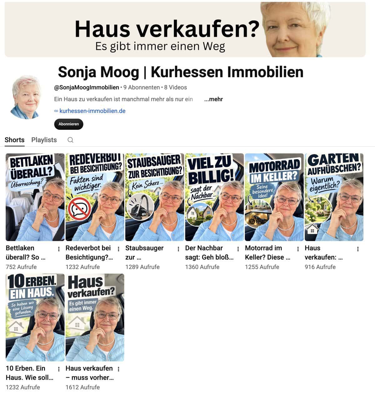 YouTube-Kanal von Sonja Moog, Kurhessen Immobilien, mit ihren ersten acht Shorts und den Aufrufen